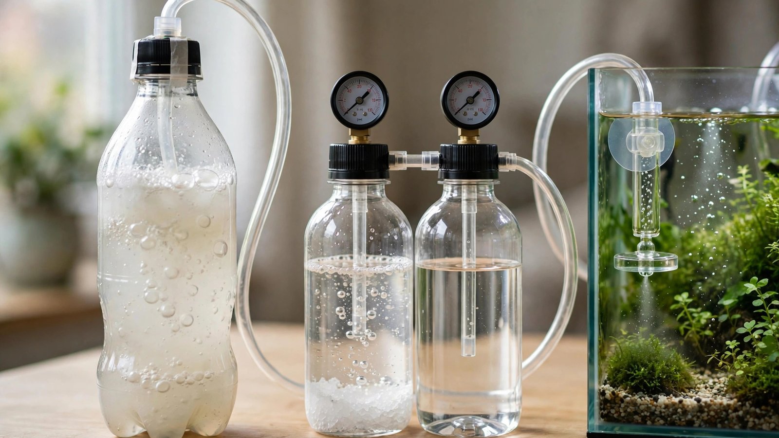 Two-bottle DIY aquarium CO2 comparison showing a yeast fermentation bottle beside a citric acid reactor feeding a diffuser