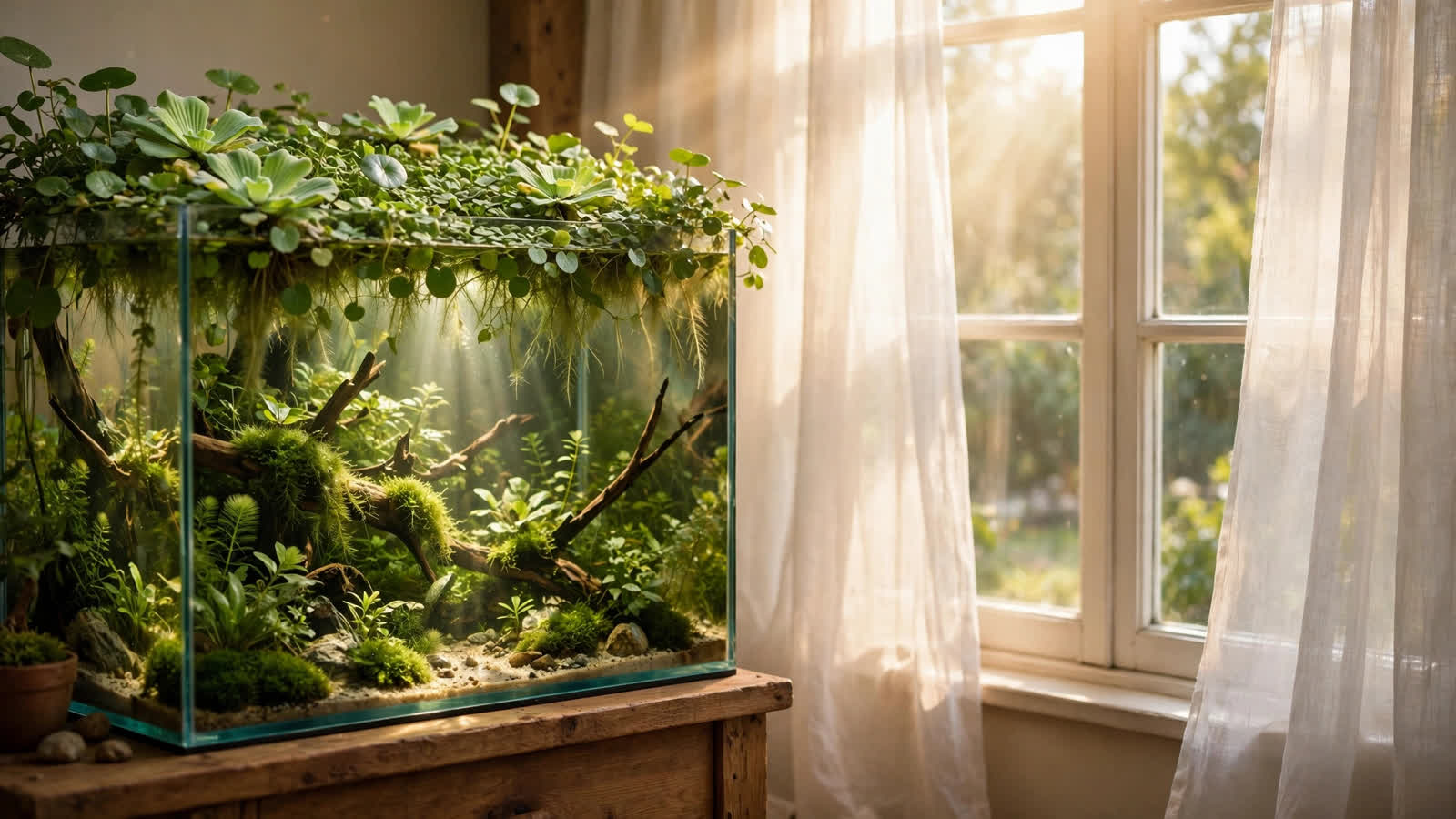 Sunlit planted aquarium by a bright window with floating frogbit shading the surface