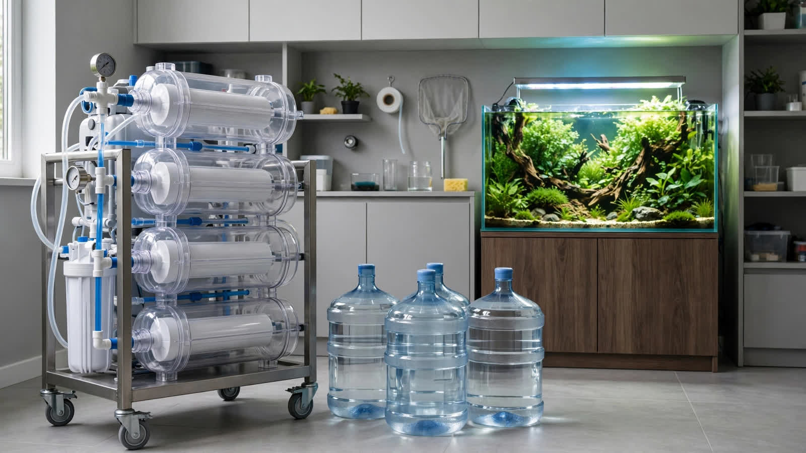 Reverse osmosis unit and remineralized water barrel beside a planted aquarium