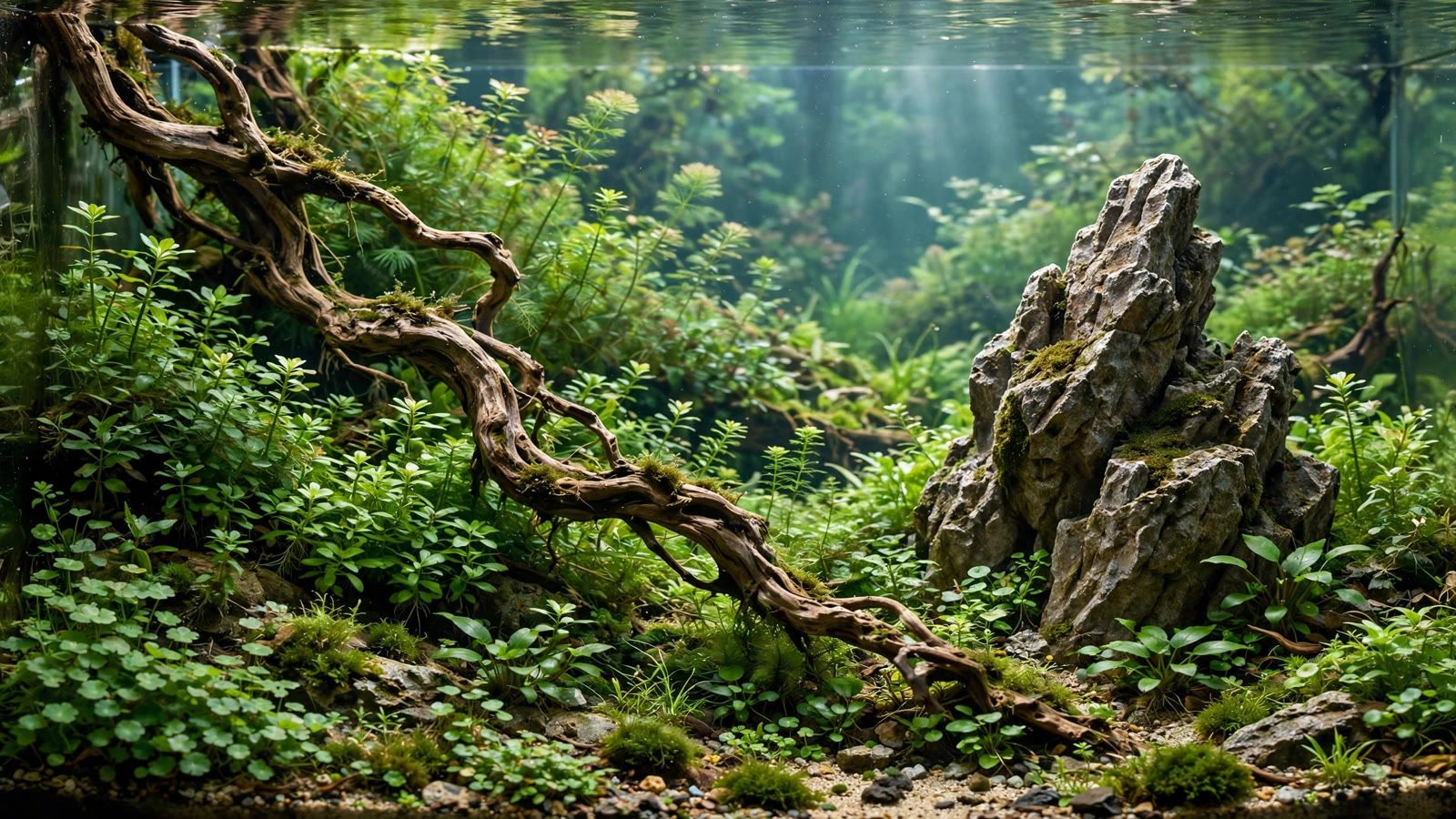 Planted aquascape arranged using the golden ratio 1:1.618 with focal stone off-center