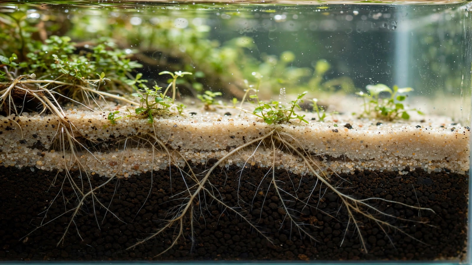 Cross-section diagram of planted aquarium showing how much substrate depth and quantity each tank zone needs