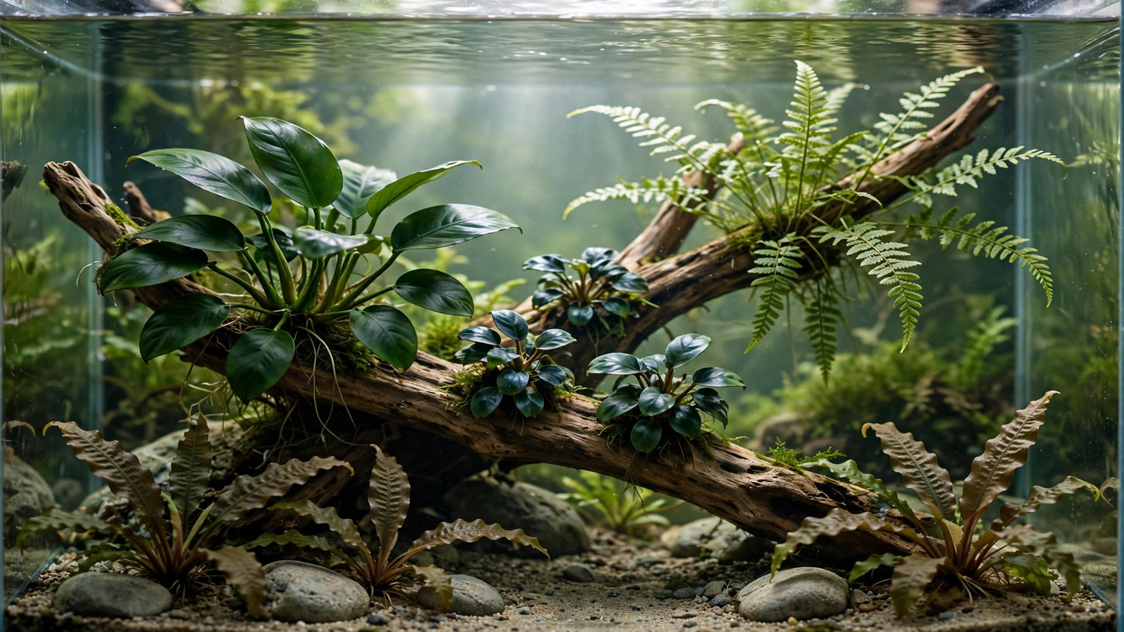 Slow-growing aquarium plants including Anubias, Java fern, Bucephalandra and crypts in a low-maintenance planted tank