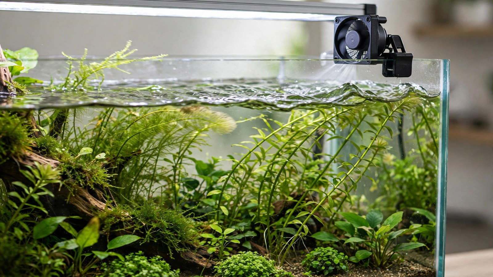 Clip-on cooling fan blowing across the water surface of a lush planted aquarium during summer heat
