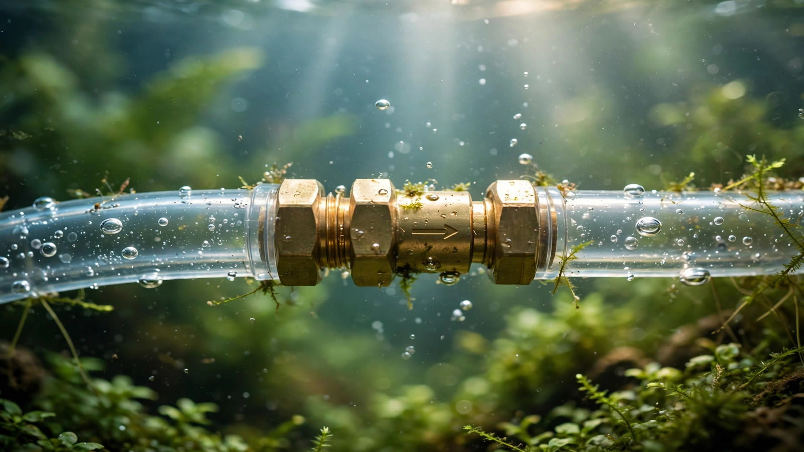Clear CO2-proof tubing and a brass check valve installed on a planted aquarium CO2 line