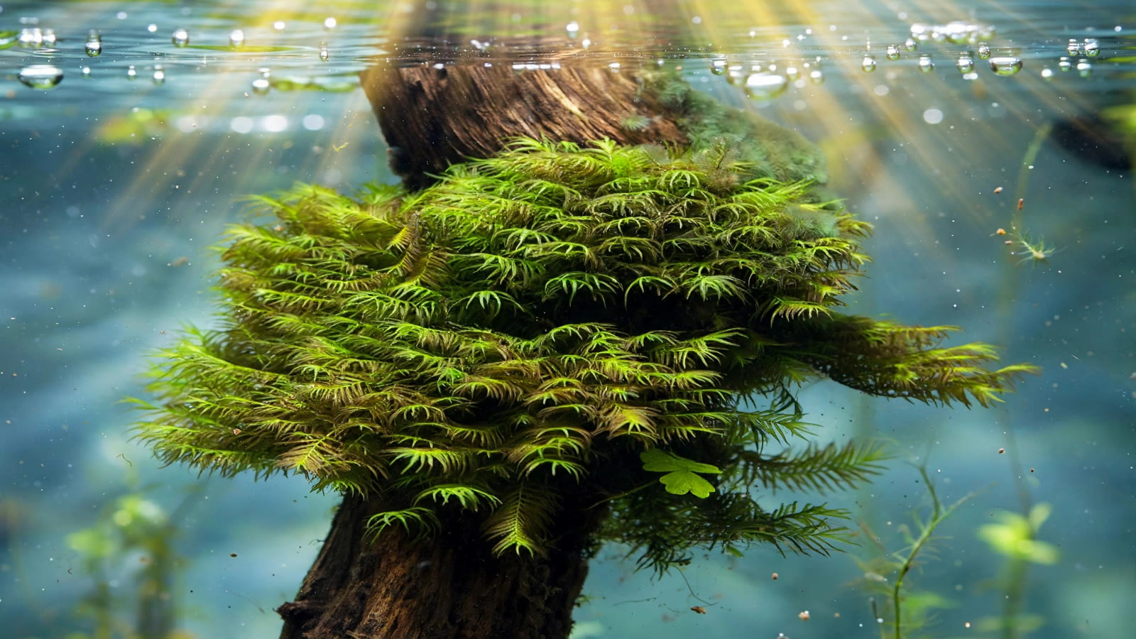 Feathery phoenix moss (fissidens fontanus) cushion anchored to driftwood in a planted aquarium
