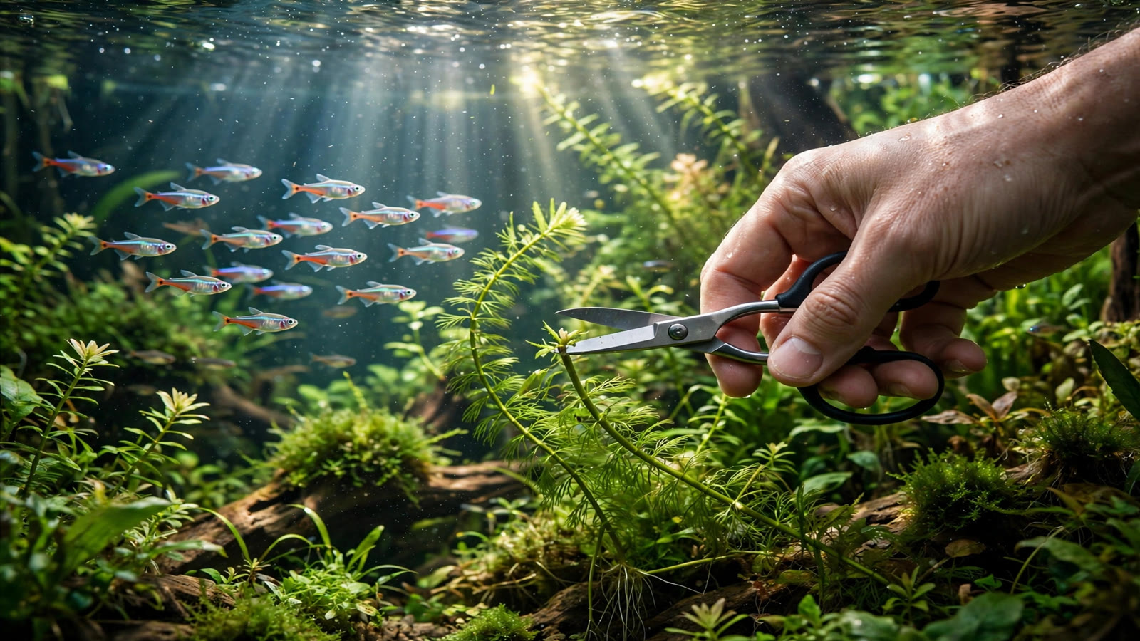 Aquarist grooming stem plants with curved scissors in a lush planted aquarium tank
