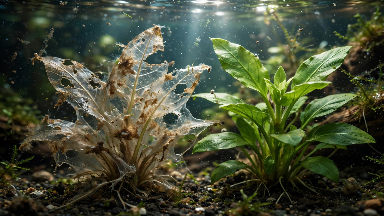 Aquarium plant leaves turning translucent and melting after shipping, with a healthy recovered plant beside it