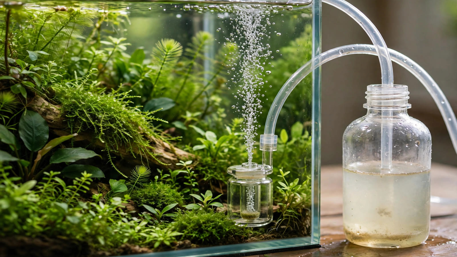 Bio-fermentation CO2 reactor bottle connected by tubing to a diffuser inside a lush planted nano aquarium.