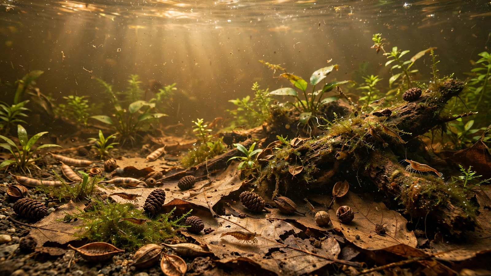 Dried catappa leaves, alder cones, and lotus seed pods arranged as aquarium botanicals for a planted tank