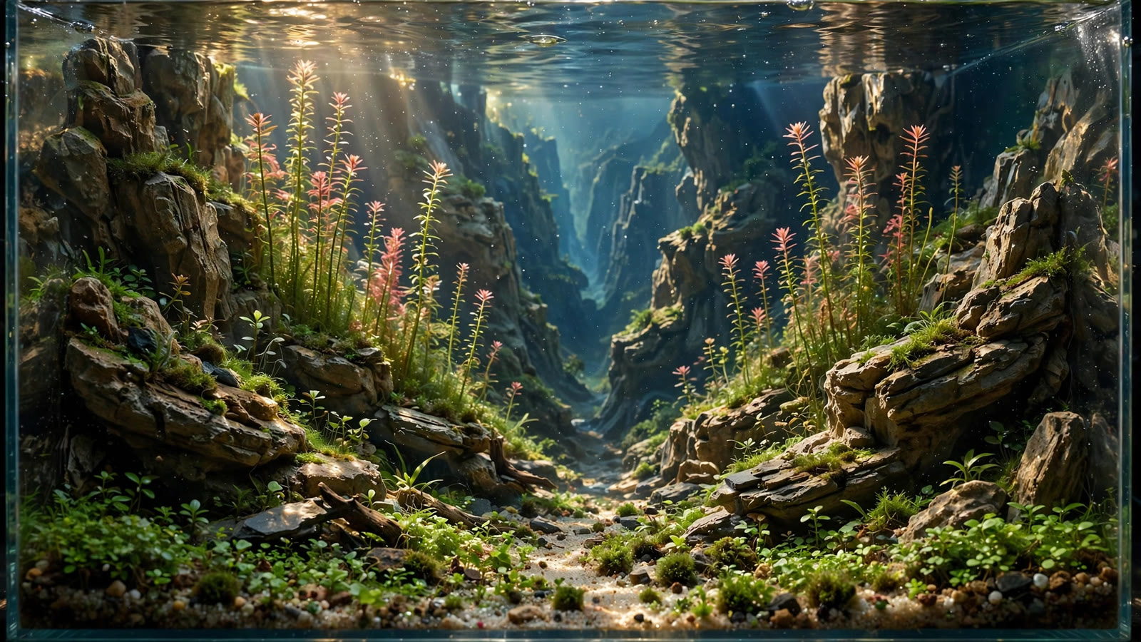 Diorama aquascape with a forced-perspective 3D background forming a miniature mountain valley inside a planted aquarium