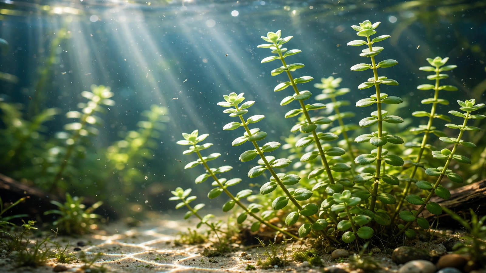 Bright green Bacopa monnieri water hyssop stems with rounded leaves growing in a planted aquarium
