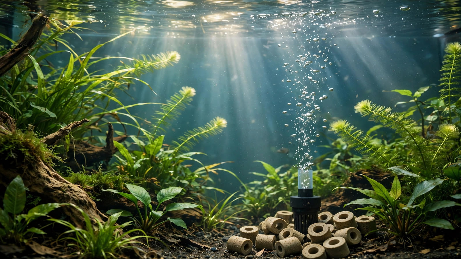 Planted aquarium close-up showing the beneficial bacteria colonies that make cycling a planted tank essential for fish health