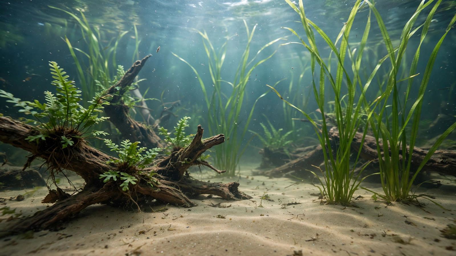 Java fern and anubias growing in a planted brackish water aquarium with sandy substrate