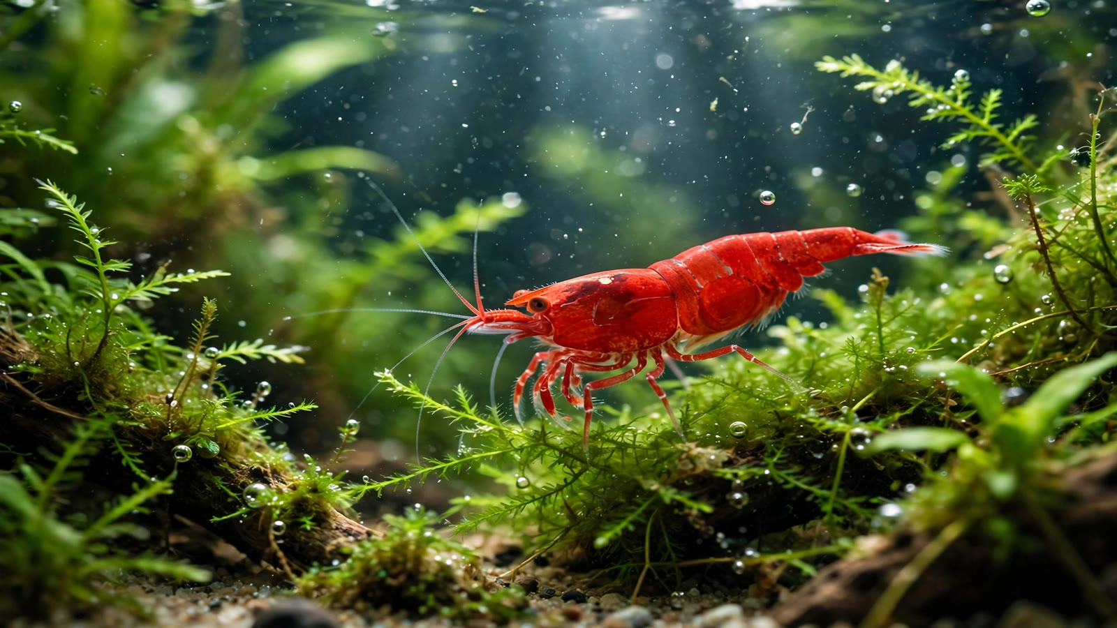 Red cherry shrimp grazing on green aquarium plants in a planted shrimp tank with soft natural lighting
