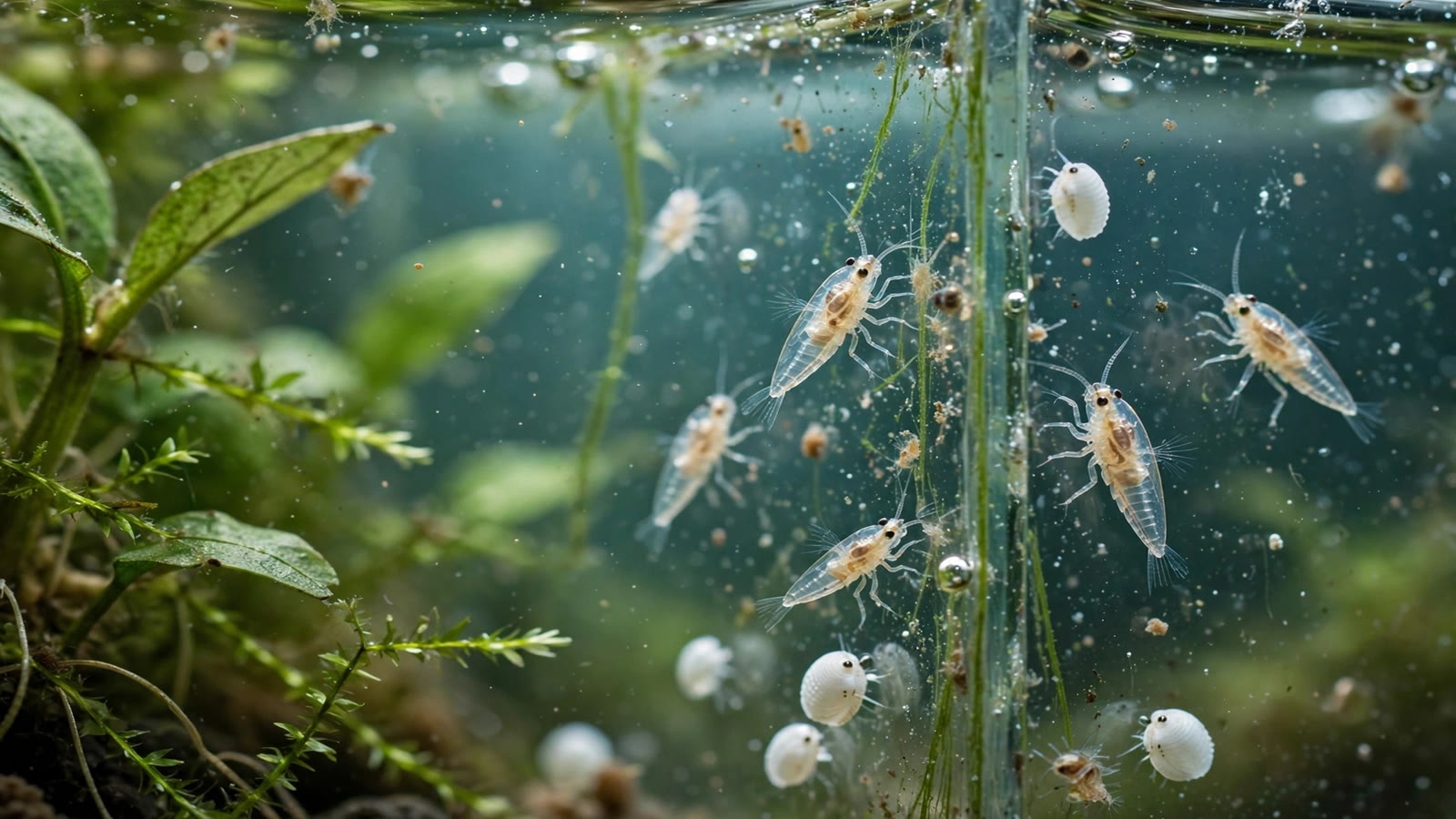 Macro view of a planted freshwater aquarium glass with tiny white copepods and seed shrimp visible among green aquatic plants