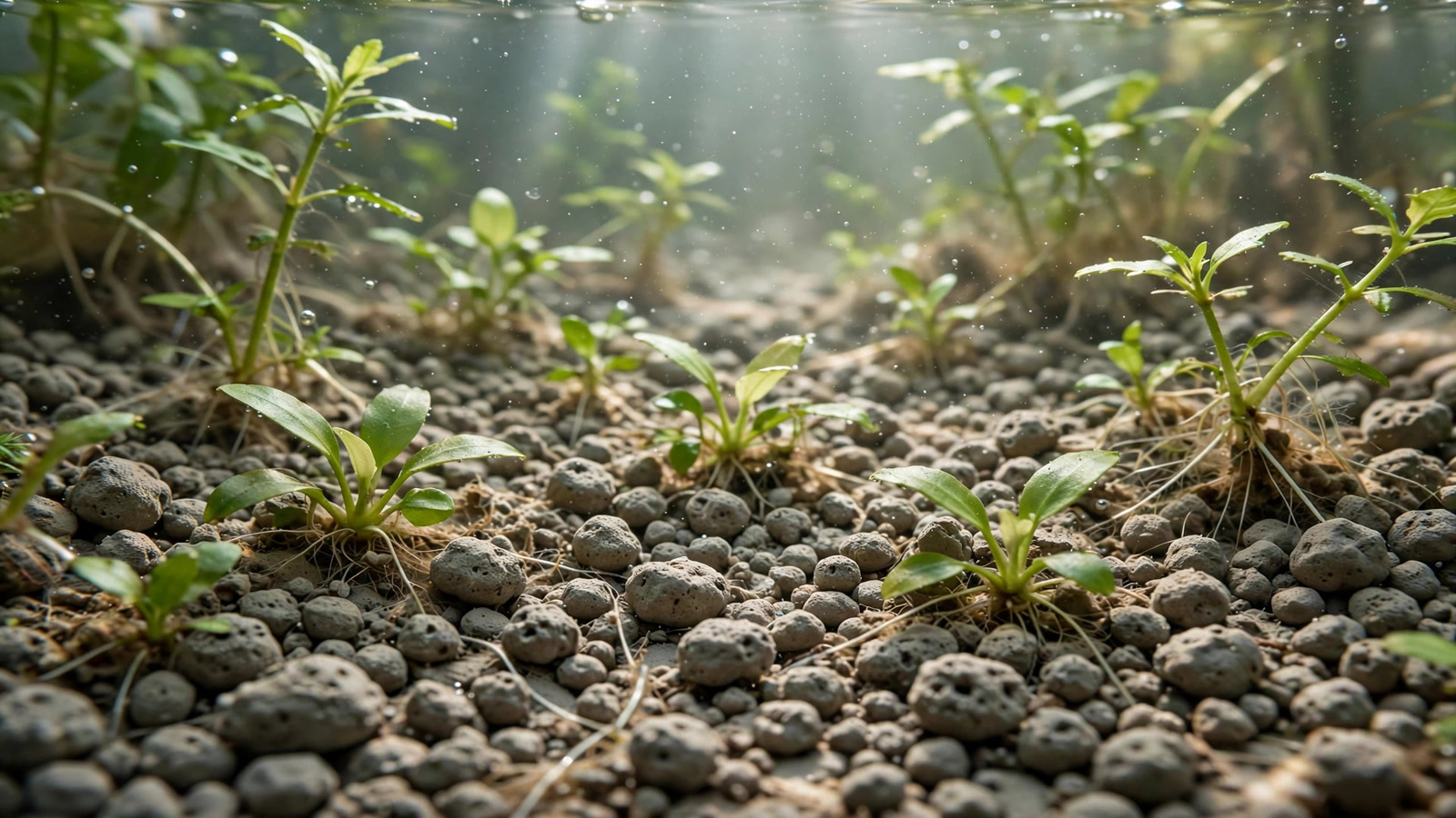 Close-up of a rinsed gray calcined-clay cat litter substrate bed in a newly planted aquarium