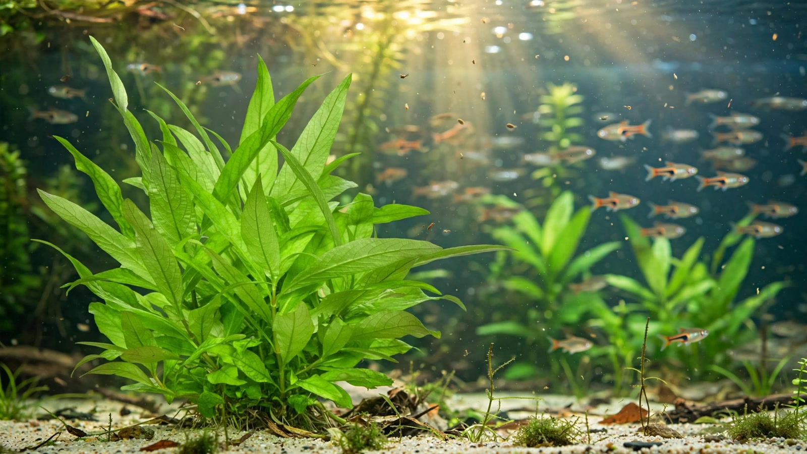 Hygrophila siamensis tall green stem plants filling the background of a planted aquarium
