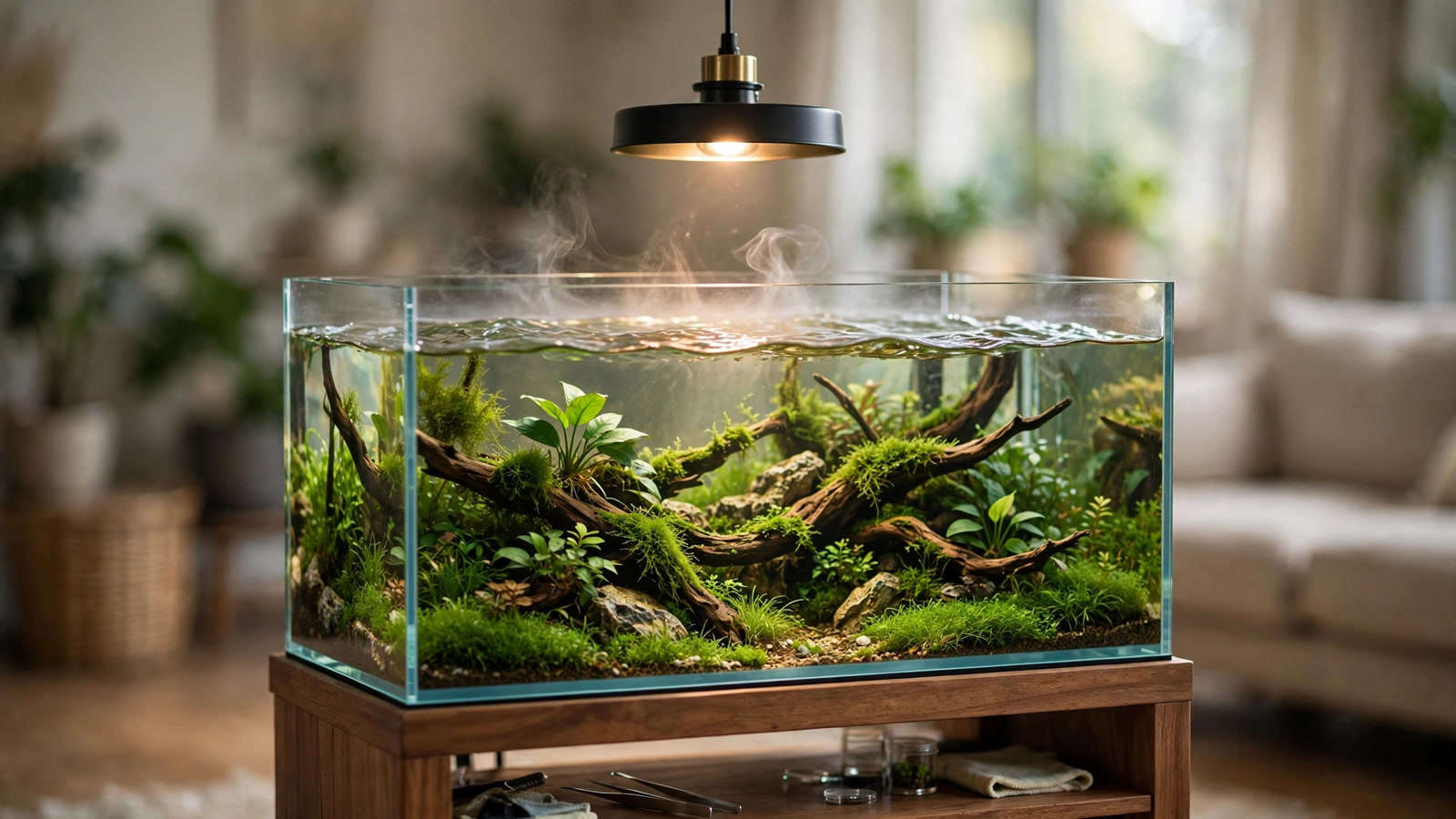 Rimless open-top planted aquarium and a lidded planted tank, showing the trade-offs in light, evaporation and jumper safety