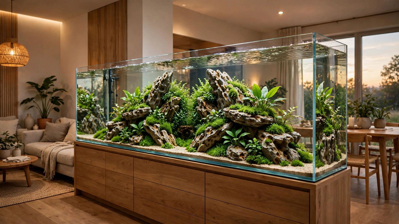 Peninsula aquarium aquascape with a central planted rock island, viewed across three glass sides in a bright room