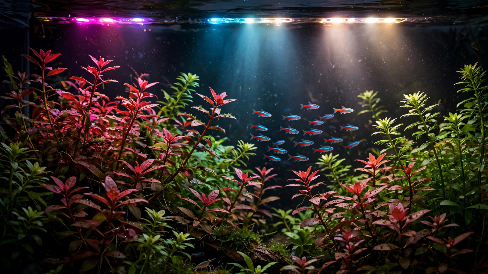 RGB aquarium light over a planted tank making red and green plants glow under app-controlled lighting