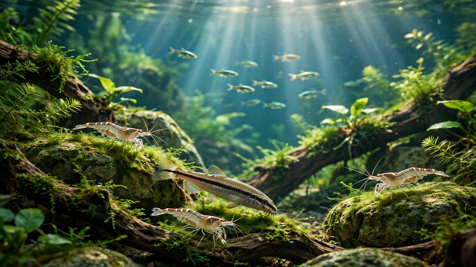 Siamese algae eater grazing black beard algae on driftwood in a planted aquarium