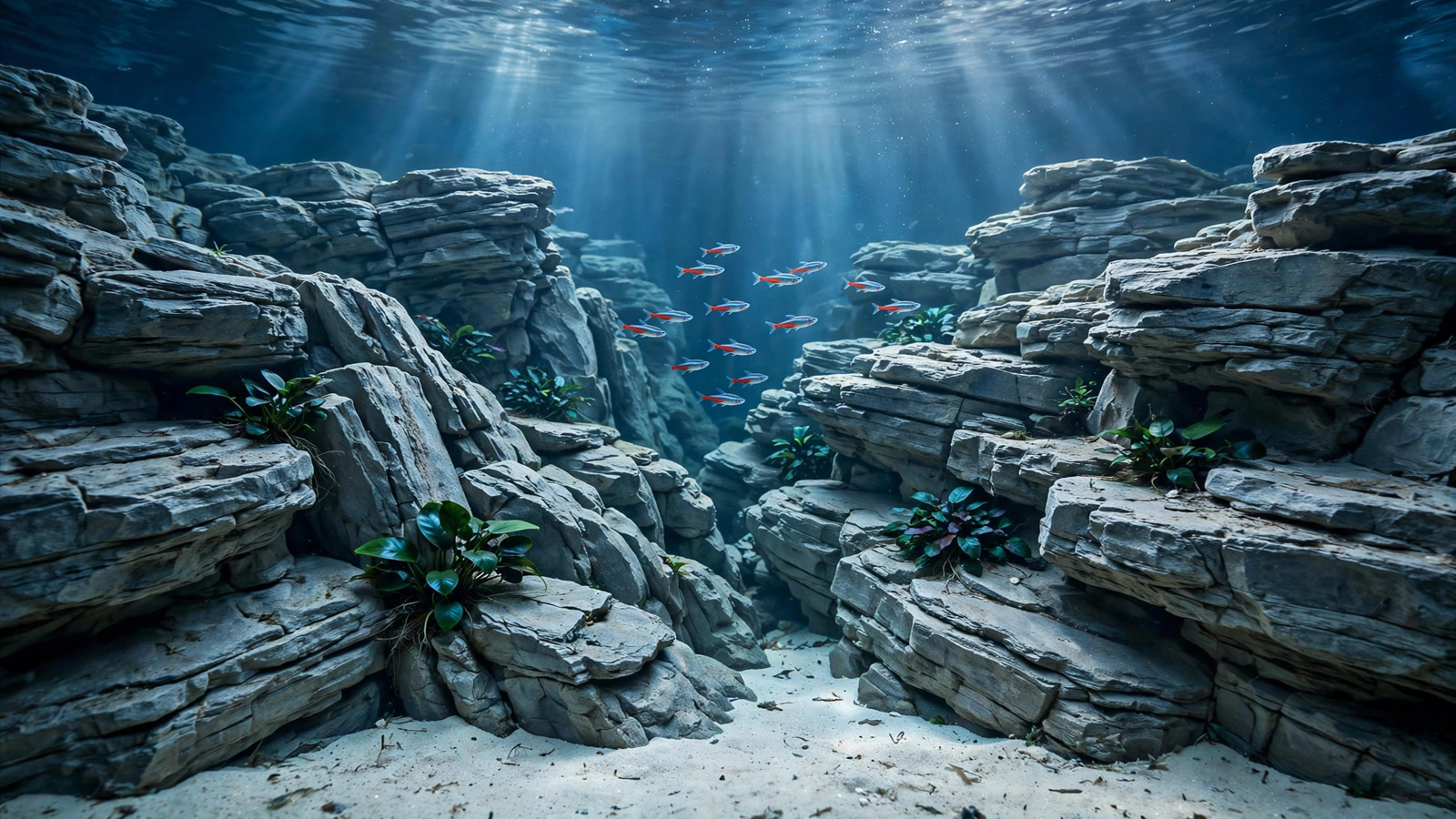 Grey-brown layered frodo stone stacked in a ridgeline aquascape with green carpeting plants