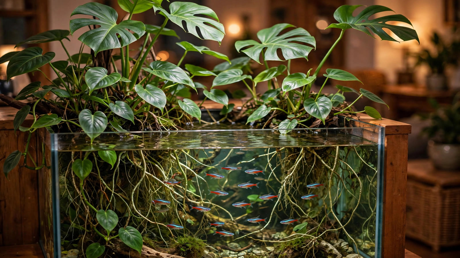Houseplant cuttings with roots growing in an aquarium, leaves and stems emerging above the waterline