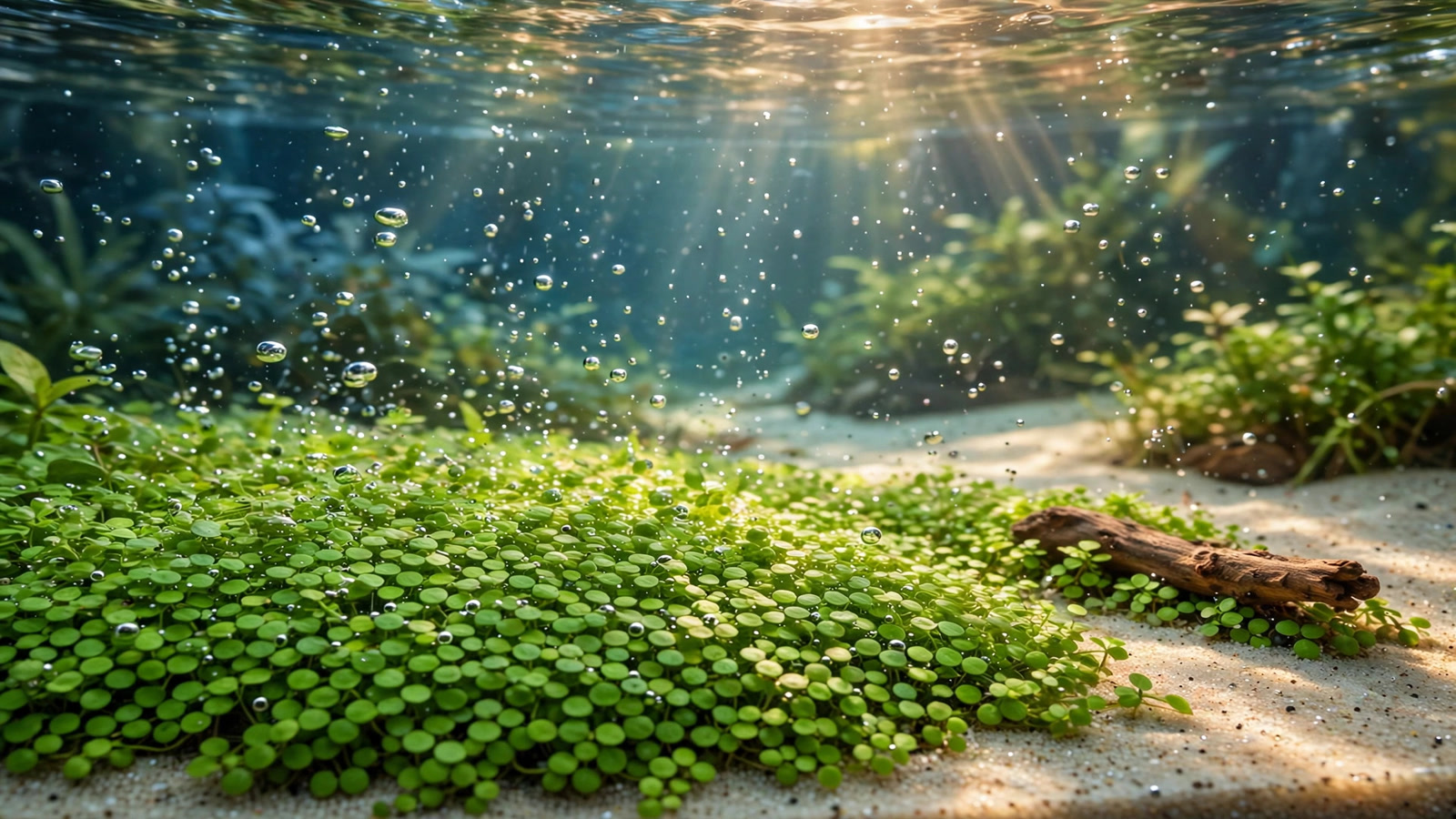 Bright-green pearlweed carpet spreading across aquarium substrate in a planted tank