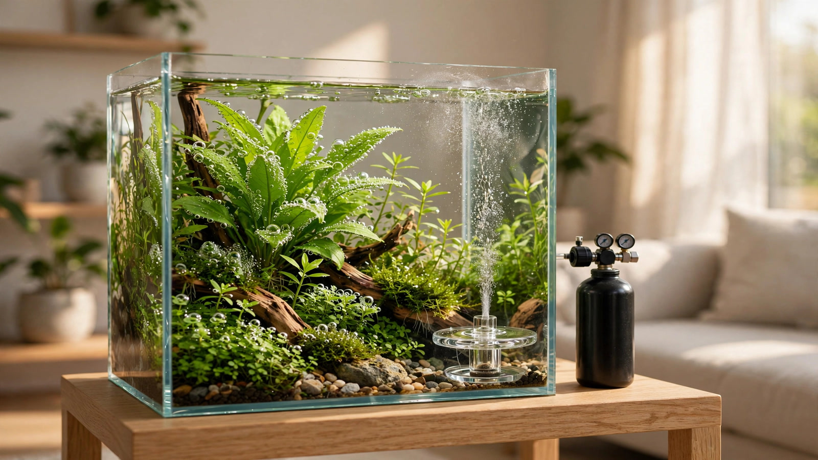 SodaStream CO2 cylinder with adapter and mini regulator connected to a planted aquarium